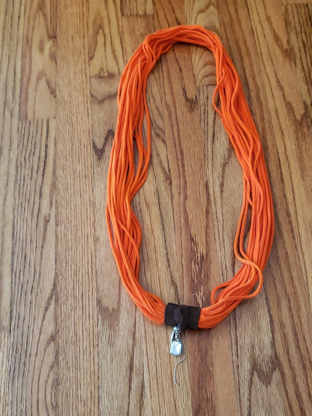 Orange Multi-strand Shred Circle Scarf W/ Brown Knot & Charms -OS